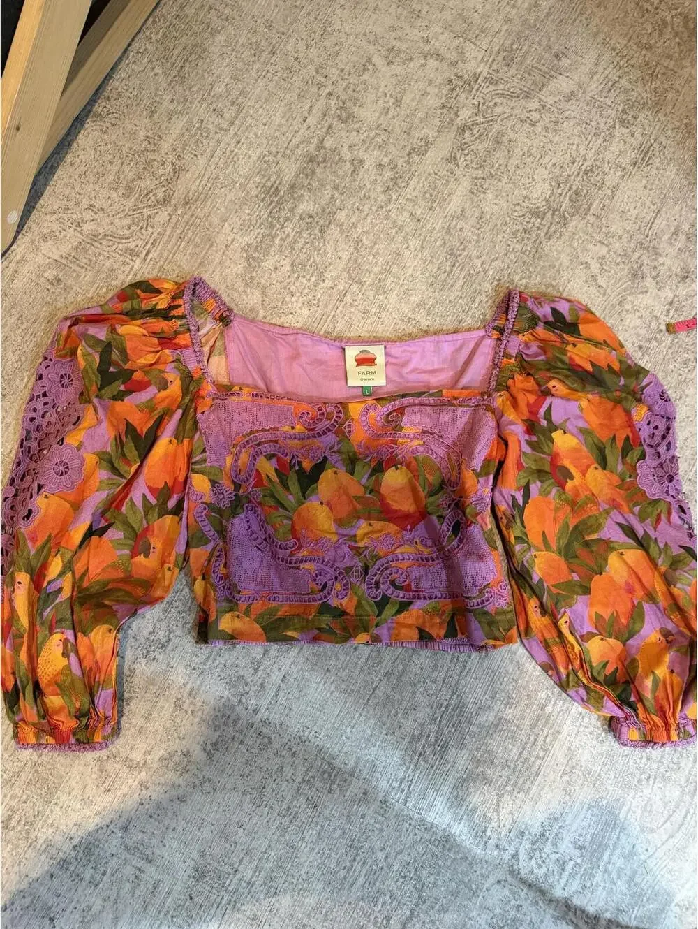Farm Rio Mango Macaws Puff Sleeve Orange and Purple Eyelet Blouse large